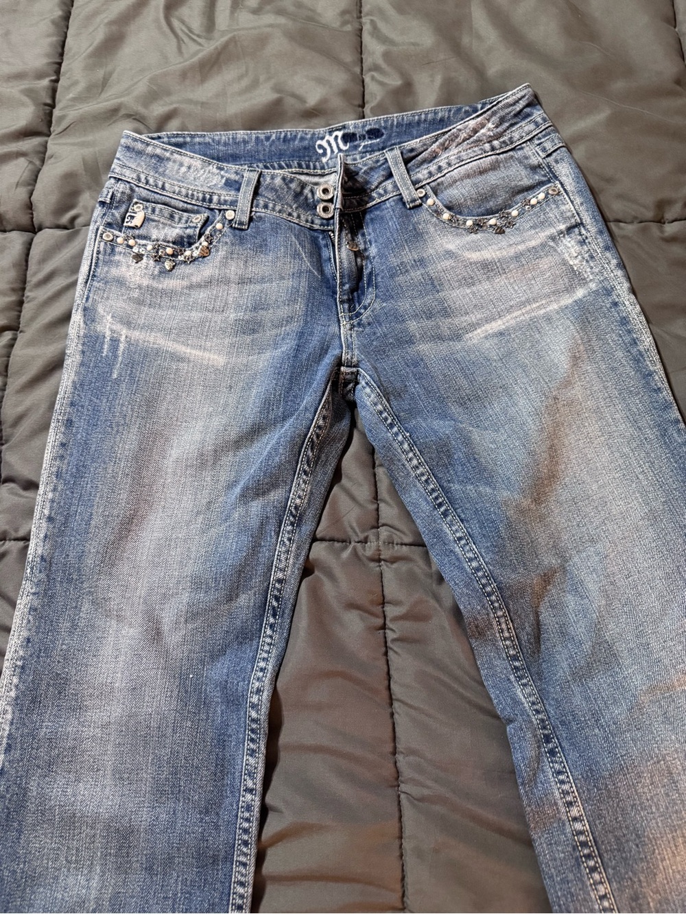 Miss Me Medium Blue Bootcut Jeans with Rhinestone Accents